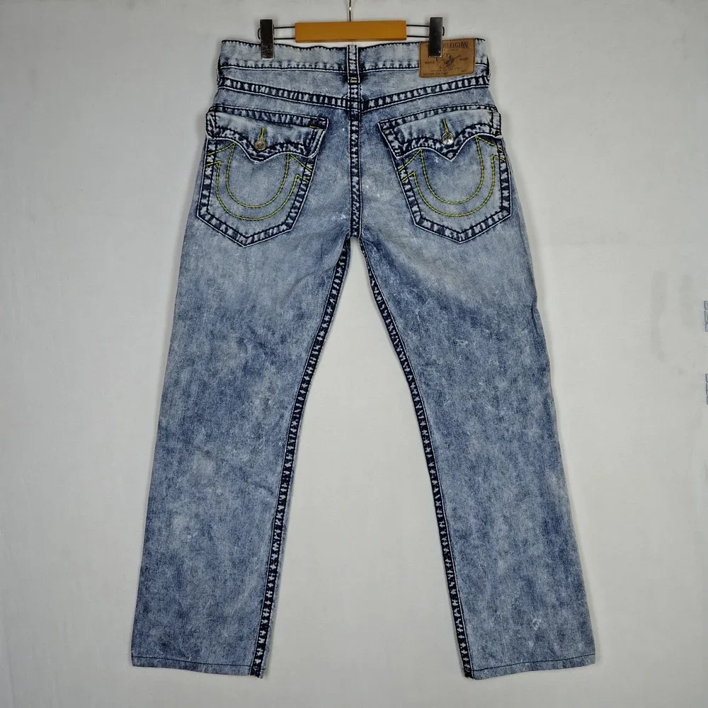 True Religion Straight Leg Jeans Acid Wash Blue Cotton Mens 34 RN112790 CA57414